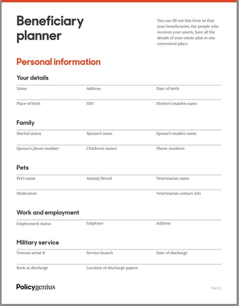Beneficiary Planner Printable